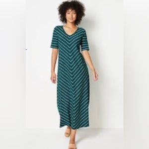 J Jill Elbow Sleeve V-Neck Maxi Dress in Oceanside/White (Teal / White) 2X